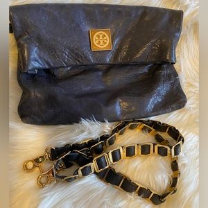 Tory Burch Navy Blue Leather Distressed Crossbody Clutch